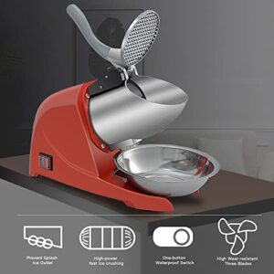 Three Blades Snow Cone Maker Ice Shaver 380W 220lbs/hr Prevent Splash Electric Stainless Steel Shaved Ice Machine Home and Commercial Ice Crushers (red)