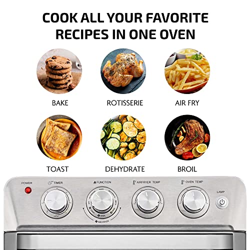 Ovente Air Fryer Toaster Oven, 1700W Stainless Steel Countertop Convection Oven Combo, 26 Qt Large Capacity with Accessories Perfect for Rotisserie and Dehydrator Chicken Pizza, Silver OFM2025BR