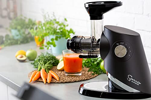 SANA 727 Supreme Low-Speed Masticating Juicer, 4 Speeds: 40 RPM to 120 RPM, 15-Year Warranty, Brushless DC Motor, Fruit, Vegetables and Leafy Greens Juicer, 132 Page Recipe Book, Black