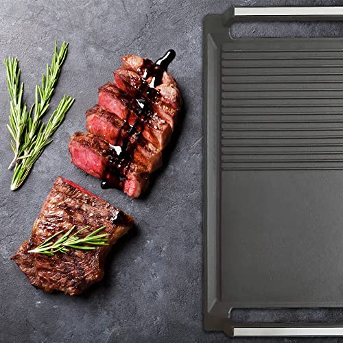 COVERCOOK Griddle Pan, Cast Iron Grill Hot Plate, Rectangular Grill, 2 handles with Flat and Ridged Surface for Induction Electric Cooktop，16.7 x 9.1inch