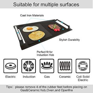 COVERCOOK Griddle Pan, Cast Iron Grill Hot Plate, Rectangular Grill, 2 handles with Flat and Ridged Surface for Induction Electric Cooktop，16.7 x 9.1inch