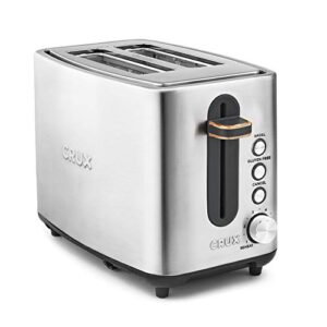 crux 2 slice stainless steel toaster, extra wide slots, quick & precise 6-setting shade control, reheat, bagel and gluten free function, slide-out crumb tray for easy clean up, silver/copper accents