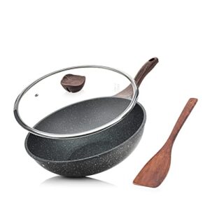 ouwo nonstick wok with lid, swiss granite 100% pfoa-free coating, woks & stir-fry pans with detachable wooden handle, dishwasher safe & induction bottom 12.5 inch,6l