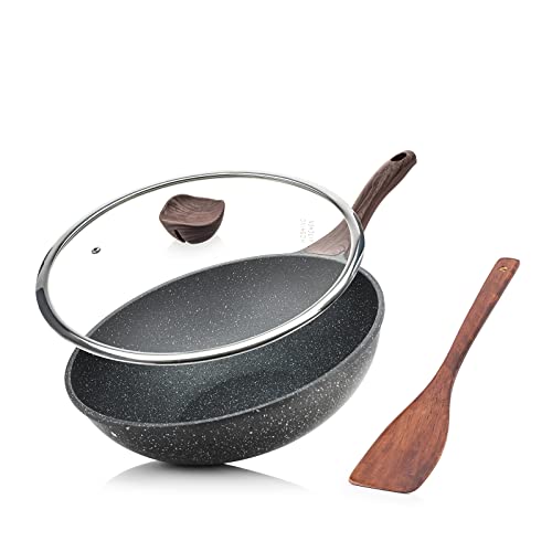 OUWO Nonstick Wok with Lid, Swiss granite 100% PFOA-Free Coating, Woks & Stir-fry Pans with Detachable Wooden Handle, Dishwasher Safe & Induction Bottom 12.5 Inch,6L