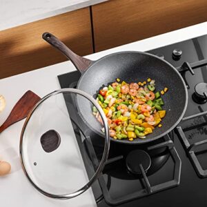 OUWO Nonstick Wok with Lid, Swiss granite 100% PFOA-Free Coating, Woks & Stir-fry Pans with Detachable Wooden Handle, Dishwasher Safe & Induction Bottom 12.5 Inch,6L