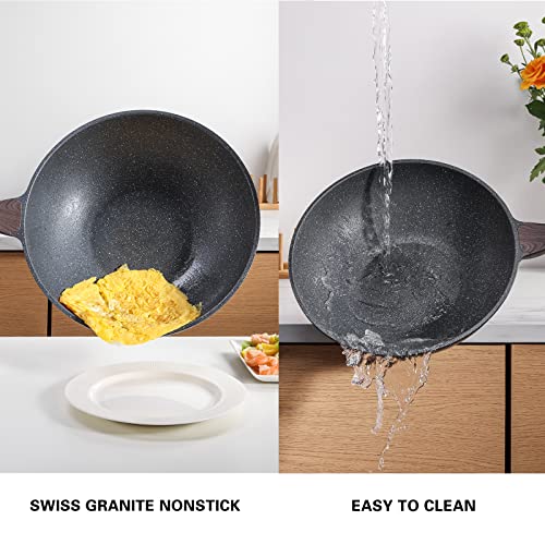 OUWO Nonstick Wok with Lid, Swiss granite 100% PFOA-Free Coating, Woks & Stir-fry Pans with Detachable Wooden Handle, Dishwasher Safe & Induction Bottom 12.5 Inch,6L