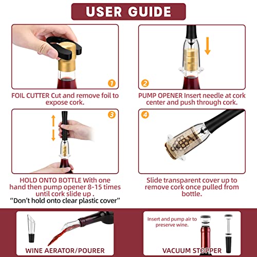 Wine Bottle Opener Set, 4 in 1 Air Pressure Pump Red Wine Opener Kit Manual Needle Cork Remover Set Including Wine Foil Cutter, Wine Pourer and Vacuum Stopper Perfect Wine Gifts Set for Wine Lovers