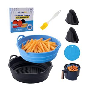 SiliconeWay Air Fryer Silicone Liners - 4PCS With 2 Foldable Air Fryer Liners, 1 Pair Silicone Oven Mitts,1 Silicone Mat And 1 Ebook- Collapsible Lip Design Heat Resistant Silicone Basket Pot