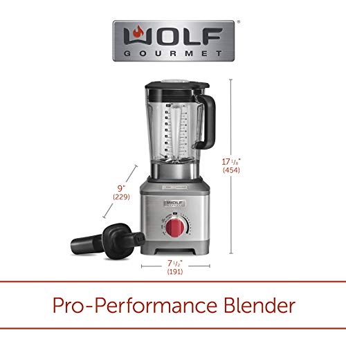 Wolf Gourmet Pro-Performance Blender, 64 oz Jar, 4 program settings, 12.5 AMPS, Blends Food, Shakes and Smoothies, Red Knob, Stainless Steel (WGBL200S)