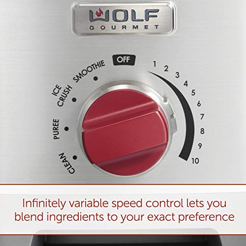 Wolf Gourmet Pro-Performance Blender, 64 oz Jar, 4 program settings, 12.5 AMPS, Blends Food, Shakes and Smoothies, Red Knob, Stainless Steel (WGBL200S)