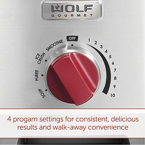 Wolf Gourmet Pro-Performance Blender, 64 oz Jar, 4 program settings, 12.5 AMPS, Blends Food, Shakes and Smoothies, Red Knob, Stainless Steel (WGBL200S)