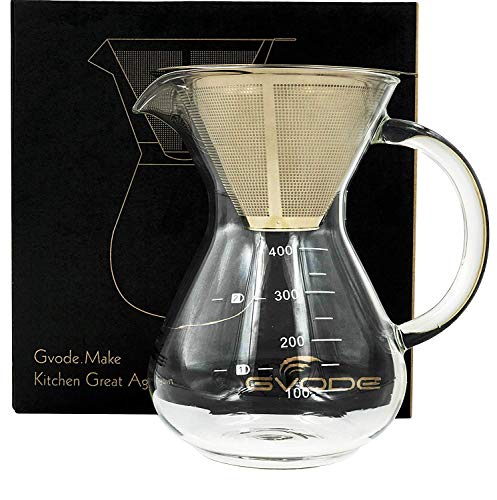 GVODE Glass Pour Over Coffee Maker, 400ml/14oz Double-Layer Stainless Steel Filter, Glass Coffee Pot, Ounce Hand Manual Coffee Dripper