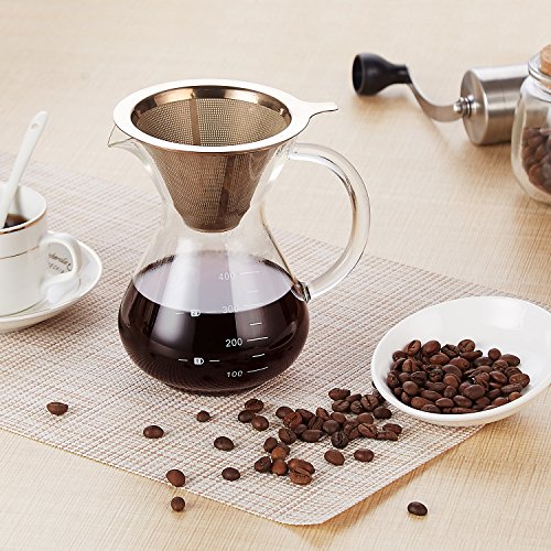 GVODE Glass Pour Over Coffee Maker, 400ml/14oz Double-Layer Stainless Steel Filter, Glass Coffee Pot, Ounce Hand Manual Coffee Dripper