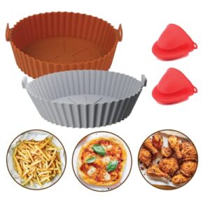 spark x 2-pack silicone air fryer liner 8 inch reusable air fryer silicone basket heat resistant easy cleaning air fryers silicone pot round for 4 to 8 qt with air fryer mitts (bronze+grey)