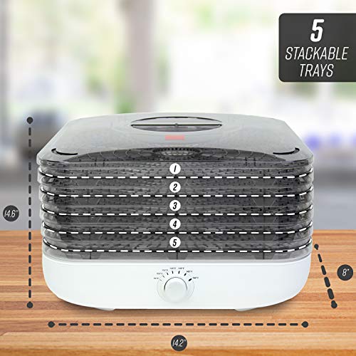 Ronco Turbo EZ-Store 5-Tray Dehydrator with Convection Air Flow, Food Preserver Adjustable Temperature Control, Quiet Operation, for Jerky, Fruits, Vegetables, Herbs, White