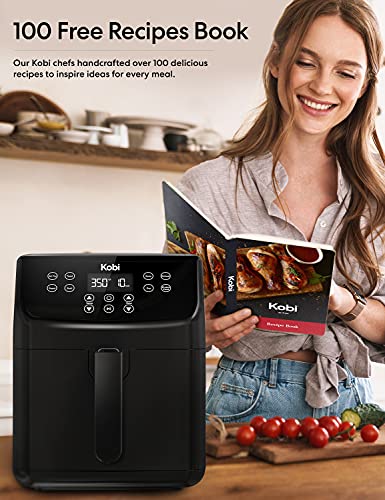 Kobi Air Fryer, XL 5.8 Quart,1700-Watt Electric Hot Air Fryers Oven & Oilless Cooker, LED Display, 8 Preset Programs, Shake Reminder, for Roasting, Nonstick Basket, ETL Listed (100 Recipes Book Included) (Black)