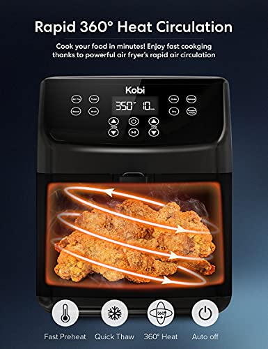 Kobi Air Fryer, XL 5.8 Quart,1700-Watt Electric Hot Air Fryers Oven & Oilless Cooker, LED Display, 8 Preset Programs, Shake Reminder, for Roasting, Nonstick Basket, ETL Listed (100 Recipes Book Included) (Black)