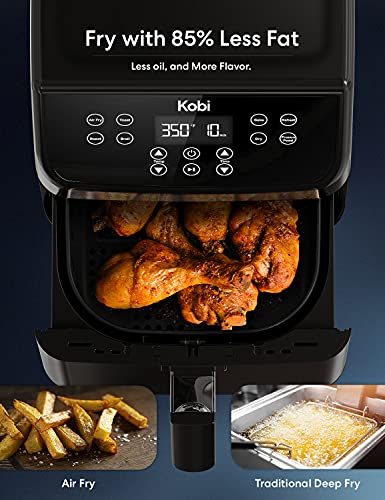 Kobi Air Fryer, XL 5.8 Quart,1700-Watt Electric Hot Air Fryers Oven & Oilless Cooker, LED Display, 8 Preset Programs, Shake Reminder, for Roasting, Nonstick Basket, ETL Listed (100 Recipes Book Included) (Black)