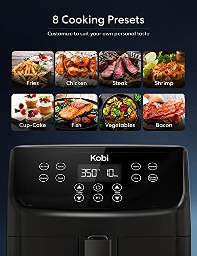 Kobi Air Fryer, XL 5.8 Quart,1700-Watt Electric Hot Air Fryers Oven & Oilless Cooker, LED Display, 8 Preset Programs, Shake Reminder, for Roasting, Nonstick Basket, ETL Listed (100 Recipes Book Included) (Black)