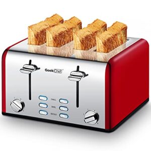 geek chef 4 slice toaster, best rated prime retro bagel toaster with 6 bread shade settings, 4 extra wide slots, defrost/bagel/cancel function, removable crumb tray, stainless steel toaster, 1500w (red-classic)