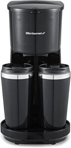 elite gourmet ehc116 dual drip double coffee maker brewer includes two 14 oz stainless steel interior thermal travel mugs, compatible with coffee grounds, reusable filter, black, 28 ounce