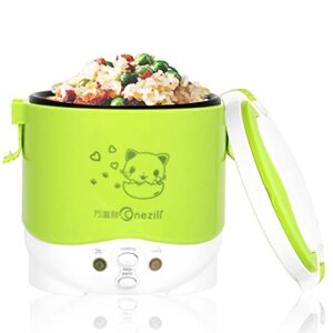 1 cup mini rice cooker steamer 12v for car, cooking for soup porridge and rice, cooking heating and keeping warm function, can be used as a electric lunch box (12v green)