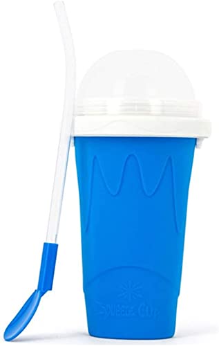 Slushy Maker Ice Cup Travel Portable Double Layer Silica Cup Pinch Cup Hot Summer Cooler Smoothie Silicon Cup Pinch into Ice Children's Adult Slushy Ice Cup (Blue)