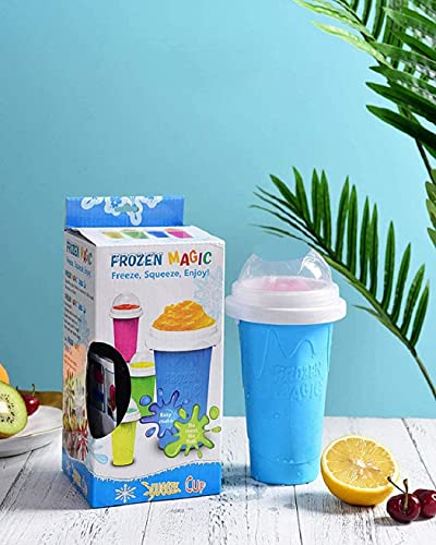 Slushy Maker Ice Cup Travel Portable Double Layer Silica Cup Pinch Cup Hot Summer Cooler Smoothie Silicon Cup Pinch into Ice Children's Adult Slushy Ice Cup (Blue)