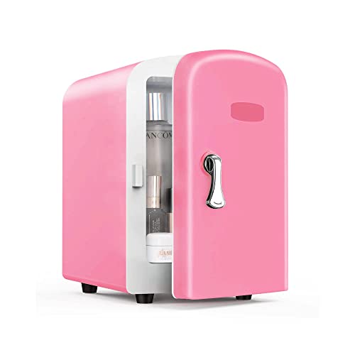 Mini Fridge 4 Liter AC/DC Energy Saving Cooler And Warmer Refrigerator, Portable Personal Fridge For Office, Car, Bedroom, 100% Freon-Free Great For Skincare, Fruit, Food, Medicine(Pink) - F…