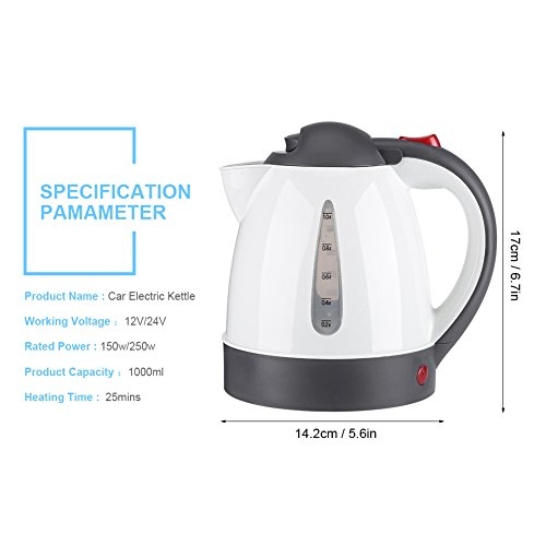 Fdit Portable Car Electric Kettle Road Trip Travel Cigarette Lighter DC12V/24V Heated Water Tea Coffee Kettle Auto Shut Off (1000ml (Kettle) (12V)