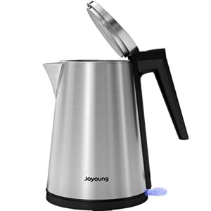 joyoung double wall electric kettle bpa free stainless steel electric tea kettle & hot water boiler with strix for auto shut-off boil-dry protection, 1.5l, sliver
