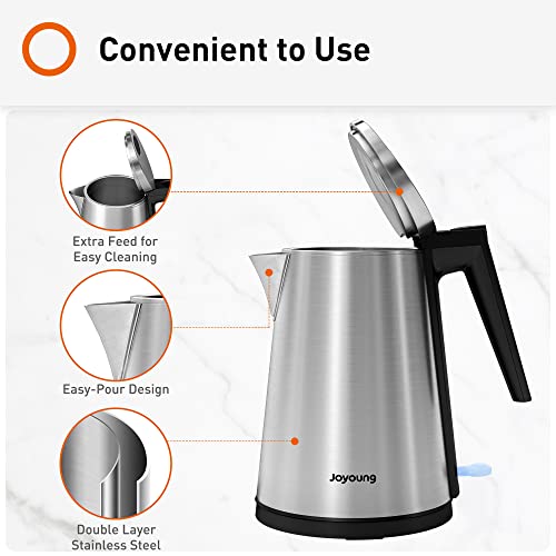 JOYOUNG Double Wall Electric Kettle BPA Free Stainless Steel Electric Tea Kettle & Hot Water Boiler with STRIX for Auto Shut-Off Boil-Dry Protection, 1.5L, Sliver