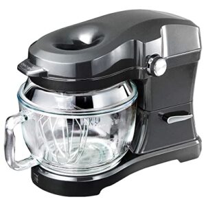 kenmore elite ovation 5 qt stand mixer, 500 watts, with revolutionary pour-in top, tilt head, flat beater, whisk, dough hook, 360-degree splash guard, glass bowl, led light, metallic grey