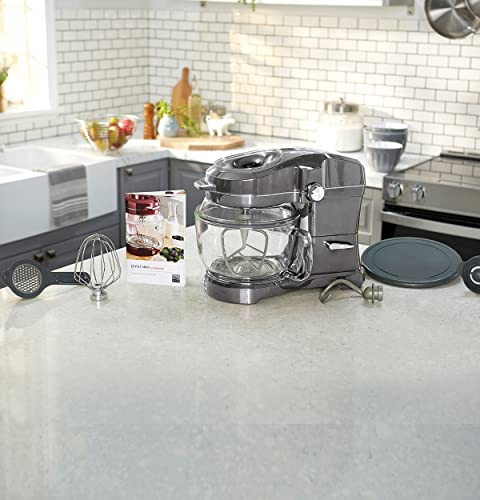 Kenmore Elite Ovation 5 Qt Stand Mixer, 500 Watts, with Revolutionary Pour-In Top, Tilt Head, Flat Beater, Whisk, Dough Hook, 360-degree Splash Guard, Glass Bowl, LED Light, Metallic Grey