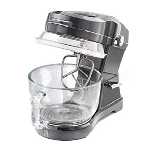 Kenmore Elite Ovation 5 Qt Stand Mixer, 500 Watts, with Revolutionary Pour-In Top, Tilt Head, Flat Beater, Whisk, Dough Hook, 360-degree Splash Guard, Glass Bowl, LED Light, Metallic Grey