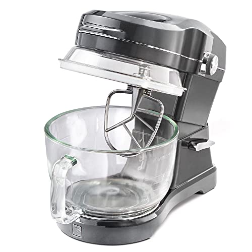 Kenmore Elite Ovation 5 Qt Stand Mixer, 500 Watts, with Revolutionary Pour-In Top, Tilt Head, Flat Beater, Whisk, Dough Hook, 360-degree Splash Guard, Glass Bowl, LED Light, Metallic Grey