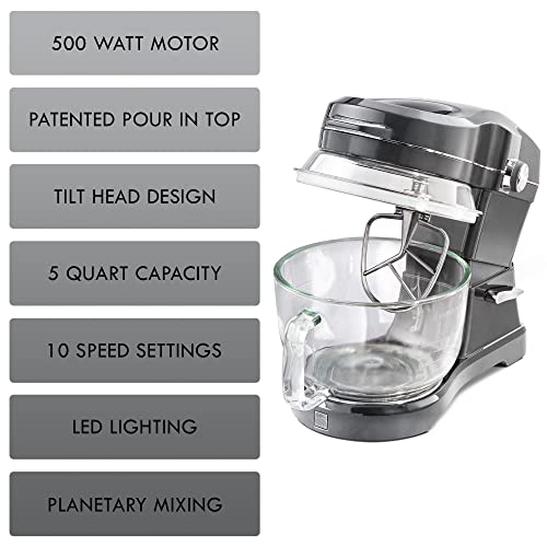 Kenmore Elite Ovation 5 Qt Stand Mixer, 500 Watts, with Revolutionary Pour-In Top, Tilt Head, Flat Beater, Whisk, Dough Hook, 360-degree Splash Guard, Glass Bowl, LED Light, Metallic Grey