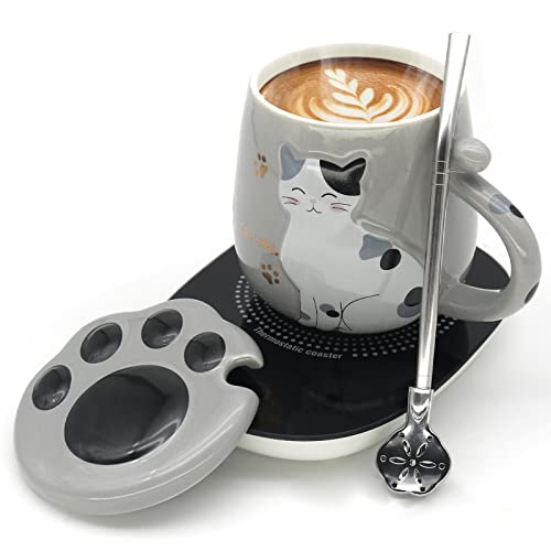 Cat Coffee Mug Warmer ,Smart Coffee Mug Warmer,Cute Cat Paw Mug Set,Novelty Coffee Mugs Mug Warmer for Desk Auto Shut Off Coffee Warmer Plate for Coffee,Tea,Water,Milk, Birthday Gift Box Grey