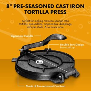 Bruntmor Pre-Seasoned 8" Cast Iron Tortilla Press - Perfect for making Mexican Spanish Rotis, Pataconera, Tortilla, Quesadilla Maker. 8 inch Heavy-Duty dough Presser, Flour Tortilla Press