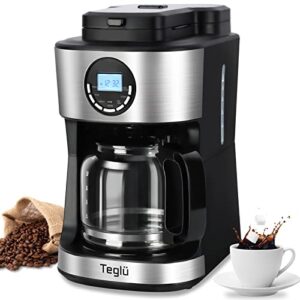 teglu coffee maker with grinder 12-cup, grind and brew coffee machine programmable with warming plate, automatic drip coffee pot with 60 oz bpa free glass carafe, black, 950w