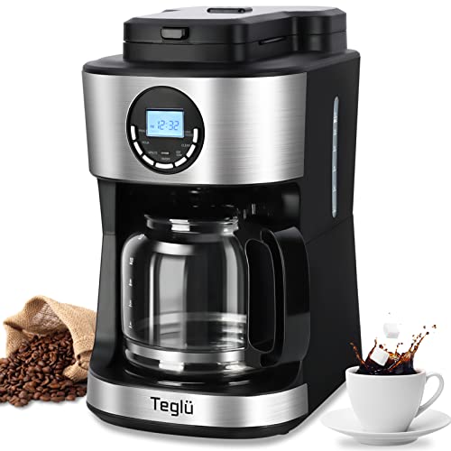 Teglu Coffee Maker with Grinder 12-Cup, Grind and Brew Coffee Machine Programmable with Warming Plate, Automatic Drip Coffee Pot with 60 oz BPA Free Glass Carafe, Black, 950W