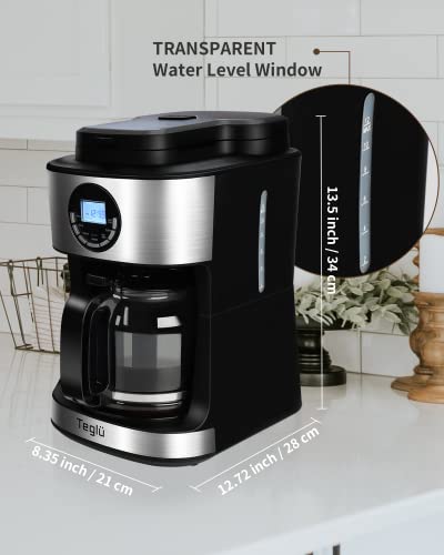 Teglu Coffee Maker with Grinder 12-Cup, Grind and Brew Coffee Machine Programmable with Warming Plate, Automatic Drip Coffee Pot with 60 oz BPA Free Glass Carafe, Black, 950W