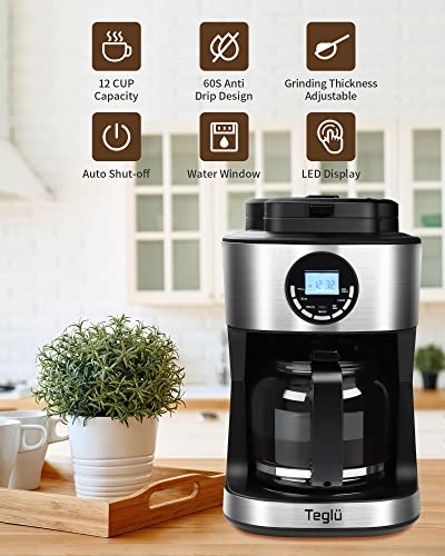 Teglu Coffee Maker with Grinder 12-Cup, Grind and Brew Coffee Machine Programmable with Warming Plate, Automatic Drip Coffee Pot with 60 oz BPA Free Glass Carafe, Black, 950W