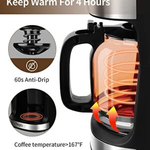 Teglu Coffee Maker with Grinder 12-Cup, Grind and Brew Coffee Machine Programmable with Warming Plate, Automatic Drip Coffee Pot with 60 oz BPA Free Glass Carafe, Black, 950W