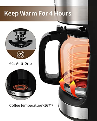 Teglu Coffee Maker with Grinder 12-Cup, Grind and Brew Coffee Machine Programmable with Warming Plate, Automatic Drip Coffee Pot with 60 oz BPA Free Glass Carafe, Black, 950W