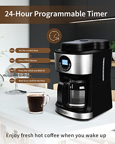 Teglu Coffee Maker with Grinder 12-Cup, Grind and Brew Coffee Machine Programmable with Warming Plate, Automatic Drip Coffee Pot with 60 oz BPA Free Glass Carafe, Black, 950W