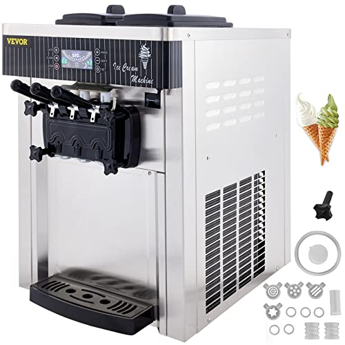 VEVOR Commercial Ice Cream Machine 5.3 to 7.4Gal per Hour Soft Serve with LED Display Auto Clean 3 Flavors Perfect for Restaurants Snack Bar, 2200W, Sliver