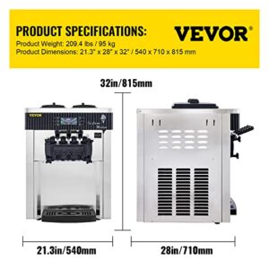 VEVOR Commercial Ice Cream Machine 5.3 to 7.4Gal per Hour Soft Serve with LED Display Auto Clean 3 Flavors Perfect for Restaurants Snack Bar, 2200W, Sliver