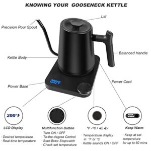 Electric Kettle With LCD Display, 1200W Gooseneck Water Heater Electric for Coffee & Tea, 30oz Pour Over Coffee Kettle with Ultra Fast, Auto Shutoff Boil-Dry Protection, 0.9L, Black