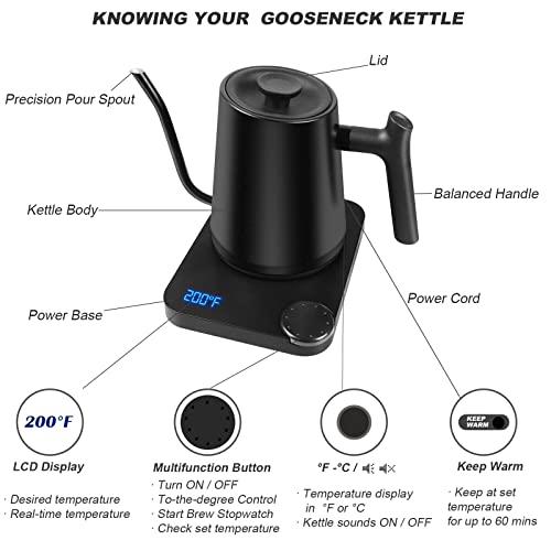 Electric Kettle With LCD Display, 1200W Gooseneck Water Heater Electric for Coffee & Tea, 30oz Pour Over Coffee Kettle with Ultra Fast, Auto Shutoff Boil-Dry Protection, 0.9L, Black